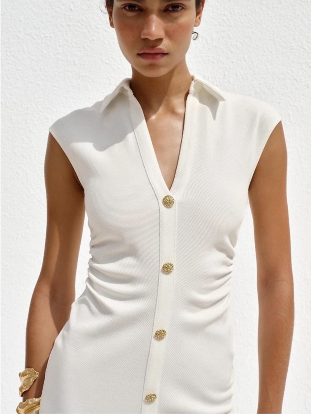 NWT Pique Sleeveless Shirt Dress Oyster White Collar Gold Buttons Sz S Euro Chic
